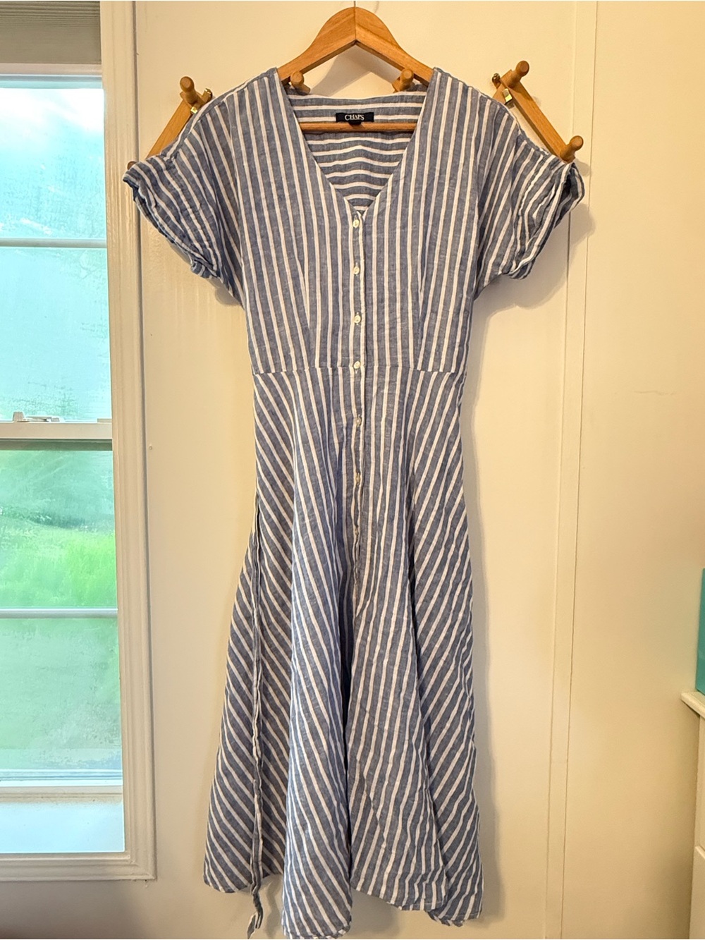Chaps Blue and White Vertical Stripe Button-Front Midi Dress